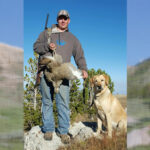 Bird hunter and yellow lab holding harvested Himalayan snowcock.